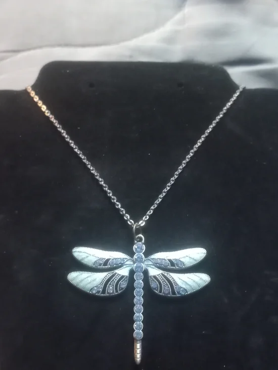 Hand Crafted Silver Dragonfly Necklace with Light Blue Accents - Picture 1 of 2